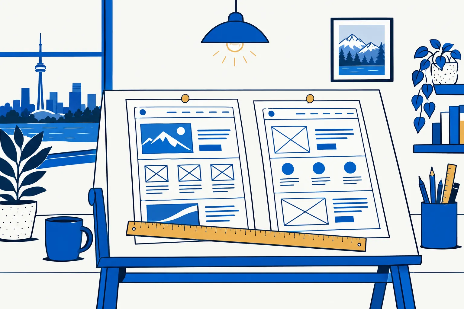 Illustration of two website wireframe sheets pinned side by side on a drafting table