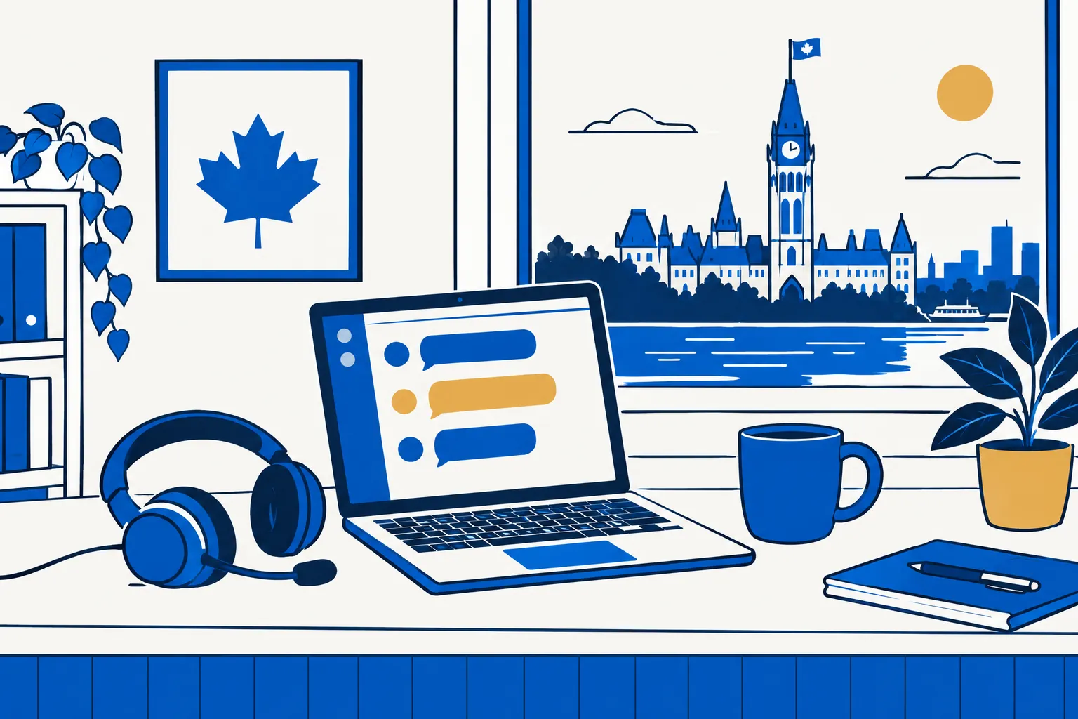 Illustration of a support desk with a headset, a laptop showing a message thread and a mug