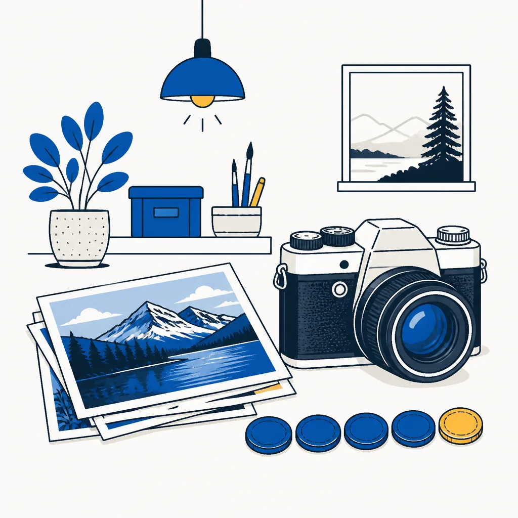 Illustration of a stack of photo prints, a camera and a row of credit tokens