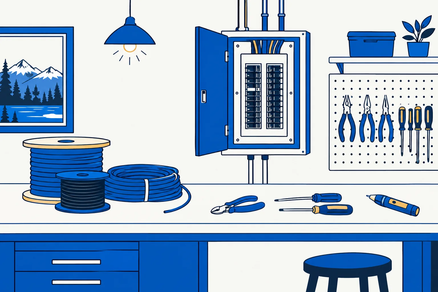 Illustration of an electrical workbench with cables, hand tools and a breaker panel