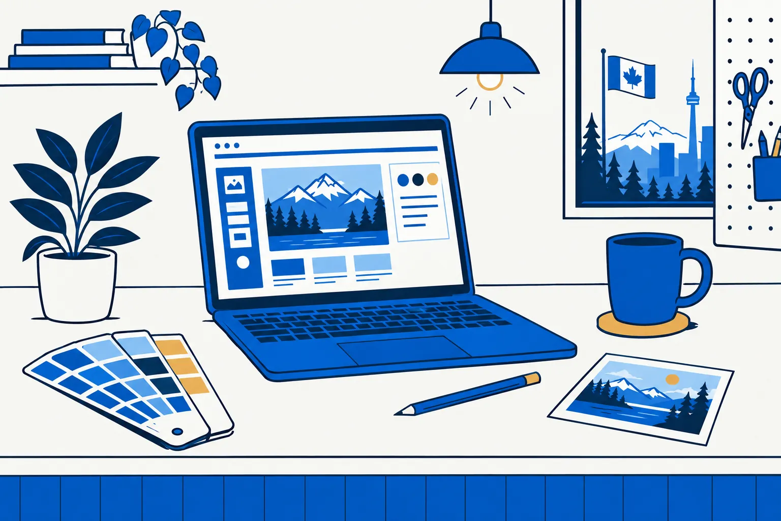 Illustration of a workbench with a laptop showing a website editor, colour swatches and a photo print
