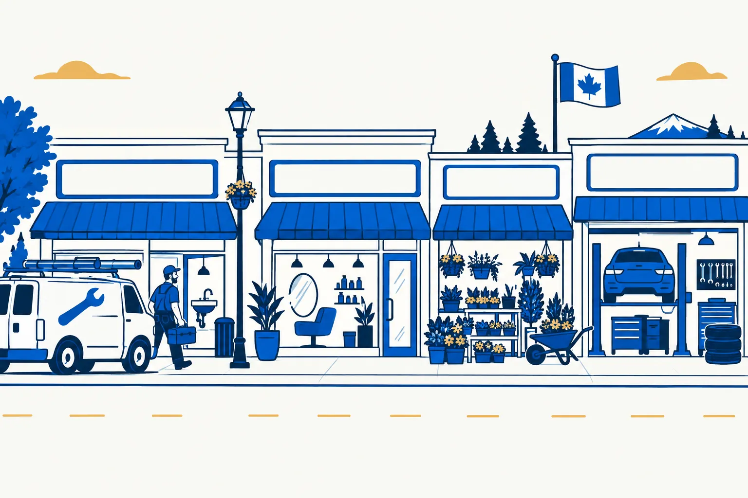 Illustration of a main street with a plumber's van, a salon, a garden centre and an auto repair bay