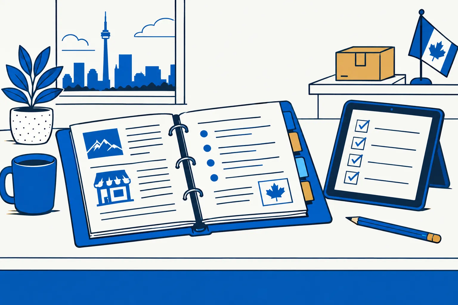 Illustration of an open binder of guides with bookmarks beside a tablet showing a checklist
