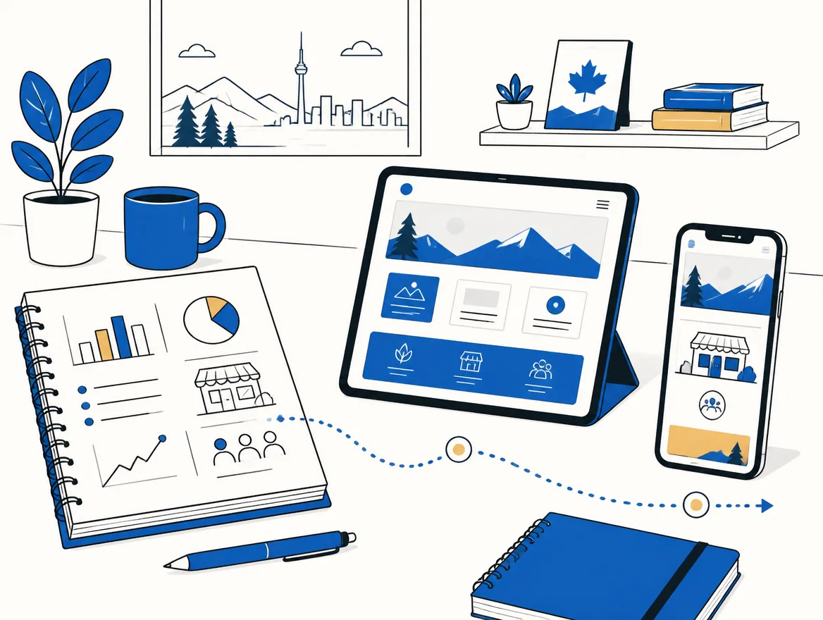 An open notebook of business facts, a tablet showing a website layout and a phone showing the published page, joined by a dotted path