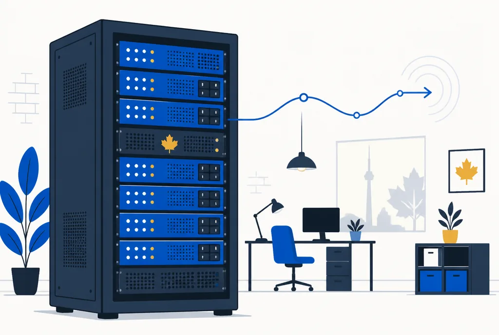 Illustration of a hosting server rack with a maple leaf accent and a signal line