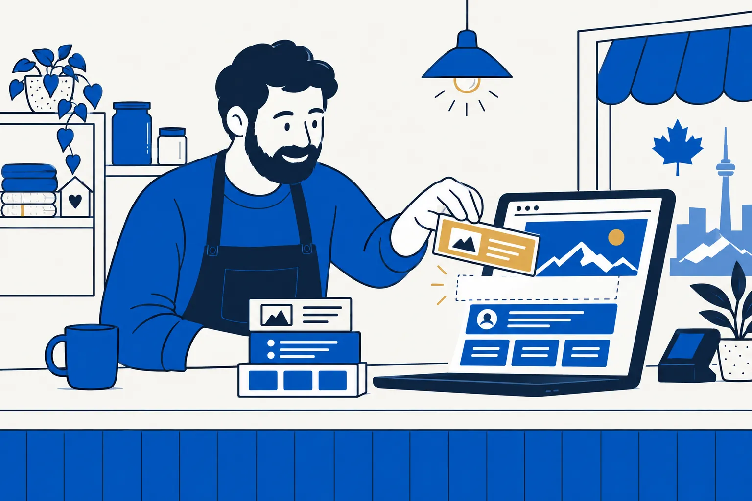 Illustration of a shop owner watching page sections stack into a website on a laptop