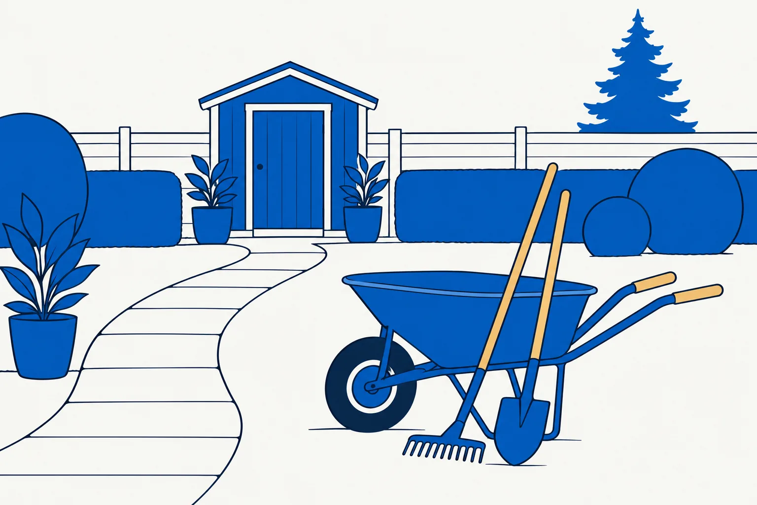 Illustration of a landscaped garden with a blue wheelbarrow, rake and shovel