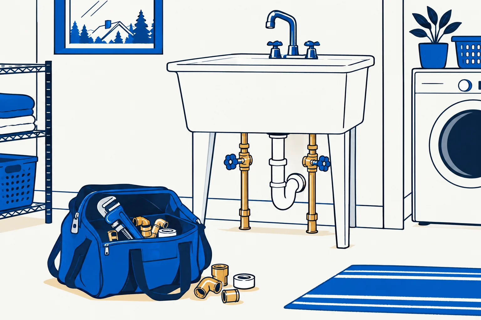 Illustration of copper pipes, a utility sink and a blue plumbing tool bag