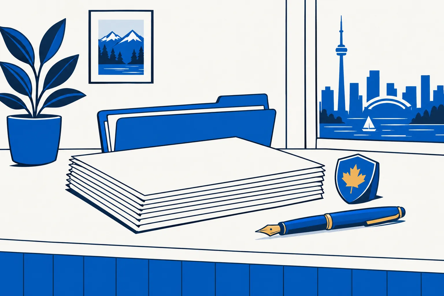 Illustration of a neat stack of documents with a pen and a folder tab
