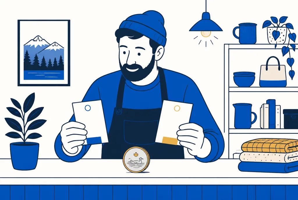 Illustration of a shopkeeper comparing two price cards at a counter