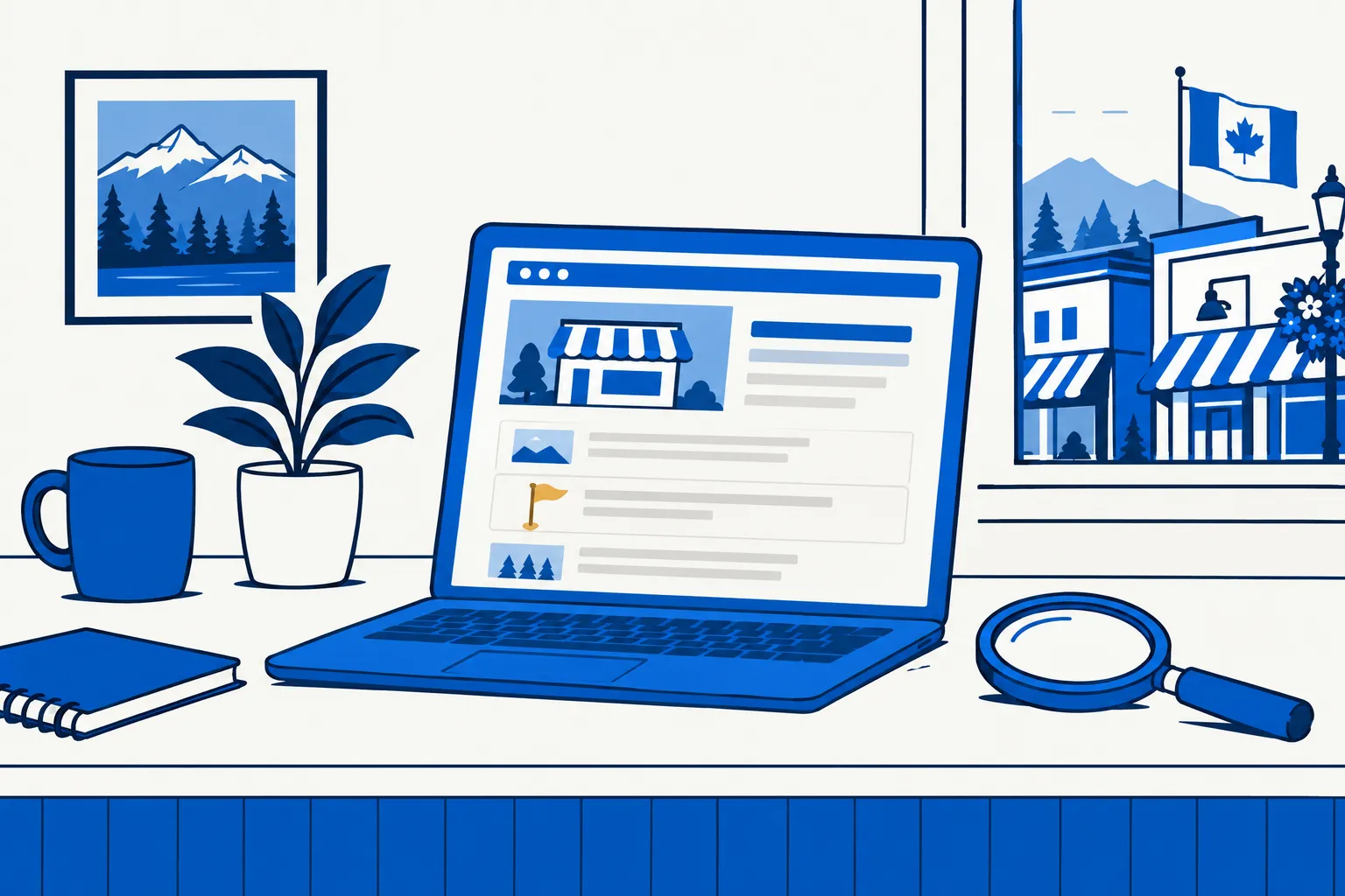 Illustration of a laptop showing a webpage with a small flag on one section and a magnifying glass