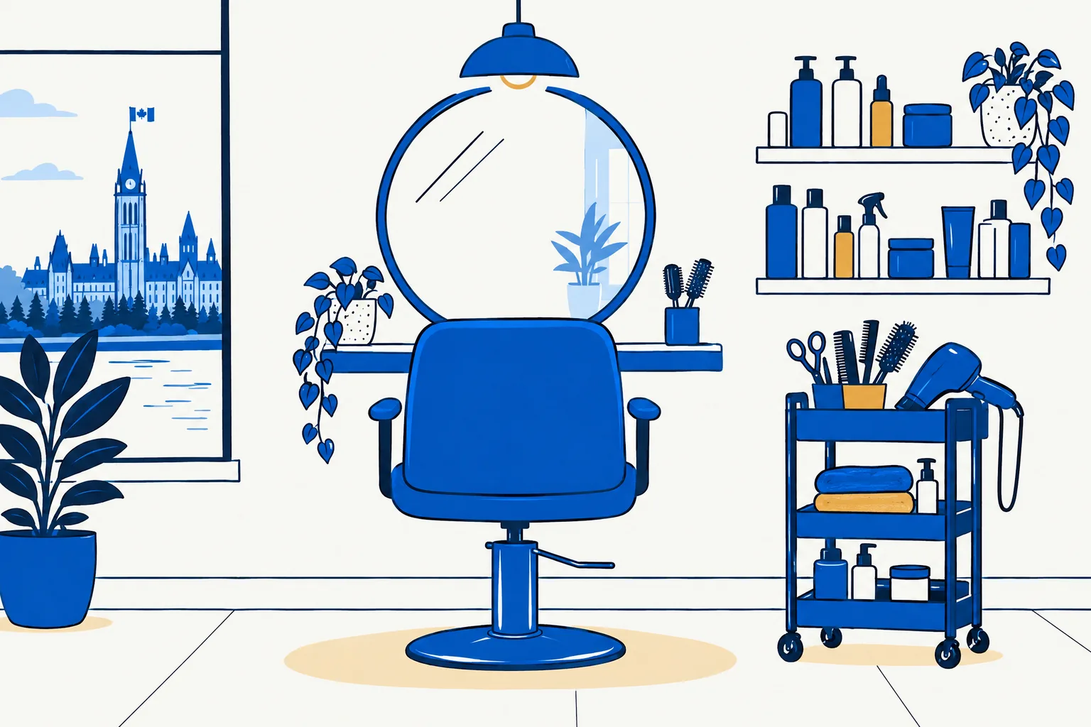 Illustration of a bright salon with a blue styling chair, mirror, products and tools