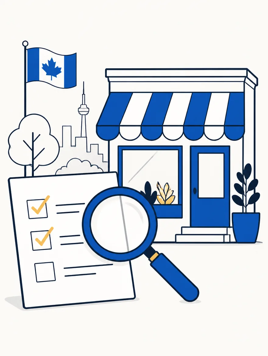 Illustration of a magnifying glass reviewing a checklist beside a small storefront