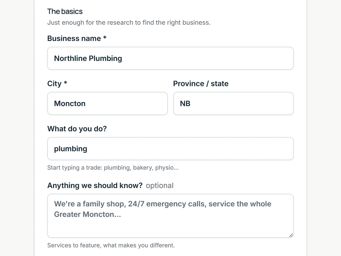 The Your business step of the Pagely wizard, with business name, city, province and what you do filled in, above an optional note