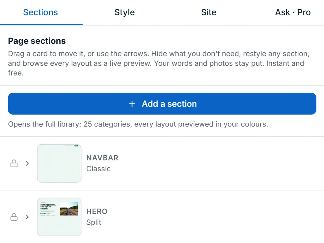 The Sections tab of the Pagely editor: the Add a section button above section cards for the navbar and hero, each with a small preview