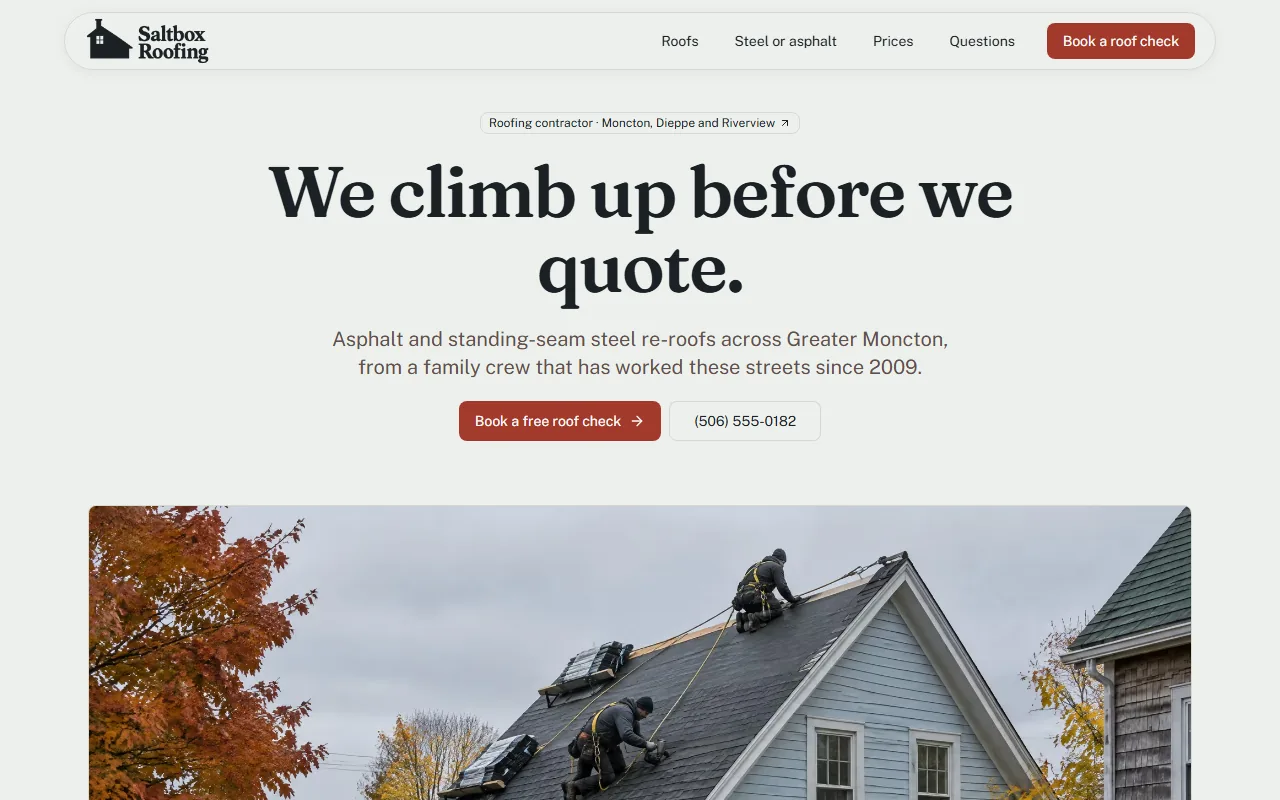 The website Pagely designed for Saltbox Roofing